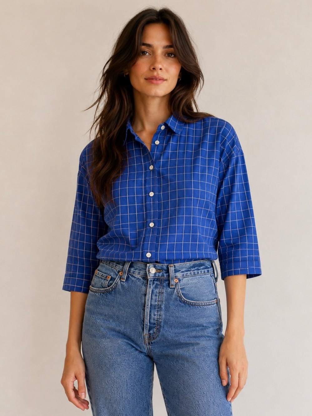 L.L.Bean Royal Blue Windowpane Plaid Cotton Button Down Shirt Large